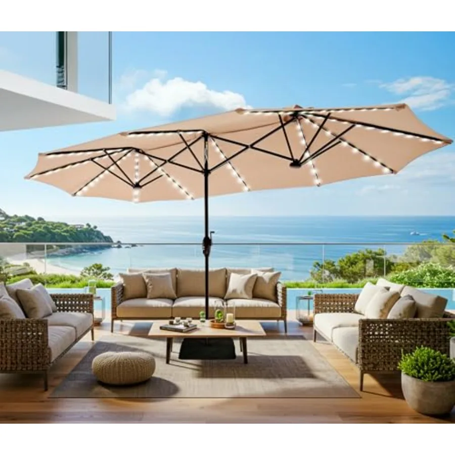 

13ft Outdoor Patio Umbrella with Solar Lights, Double-sided Deck Pool Umbrella with 1.5 Inch Pole, Fade Resistant Canopy, 12 St