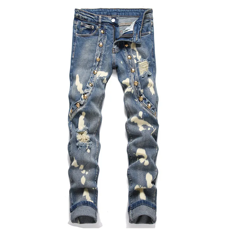 

Mcikkny Men Punk Style Rivet Casual Jeans Pants Washed Harakuju Riped Denim Trousers Slim Fit