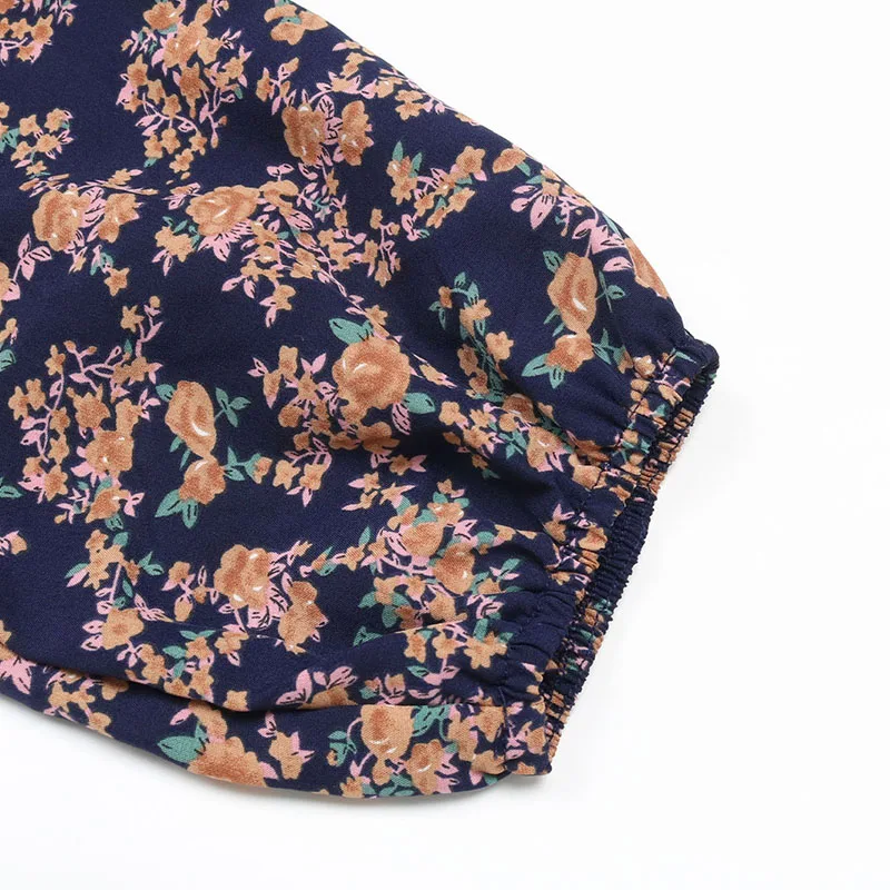 Women's Deep Blue Floral Print Dress Boho Deep V-Neck Ruffle Long Sleeve Waist Belted Flowy Midi Dress for Autumn Daily Party