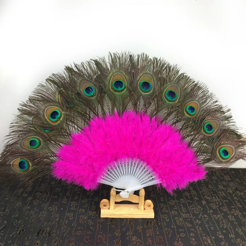 Abanico plegable de plumas de pavo real, accesorio japonés para baile del vientre, regalo artesanal, decoración de fiesta