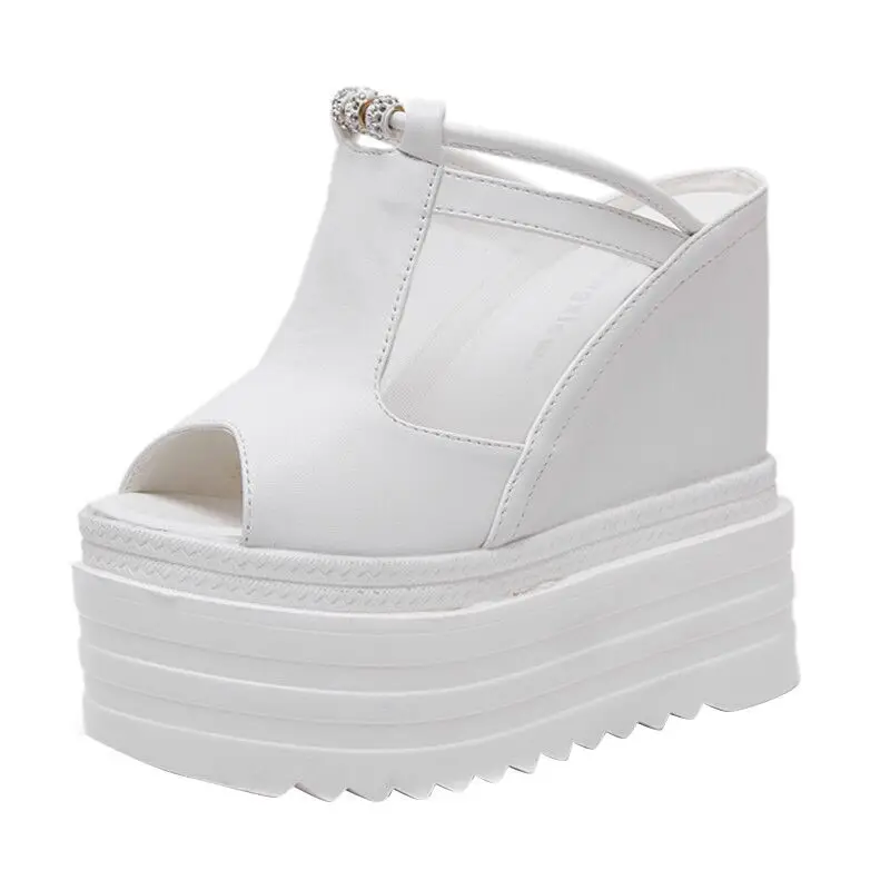 

2025 шлепанцы на танкетке, женские сандалии 14 см, женская обувь на очень высоком каблуке, пикантные женские летние тапочки на платформе с сетчатым носком