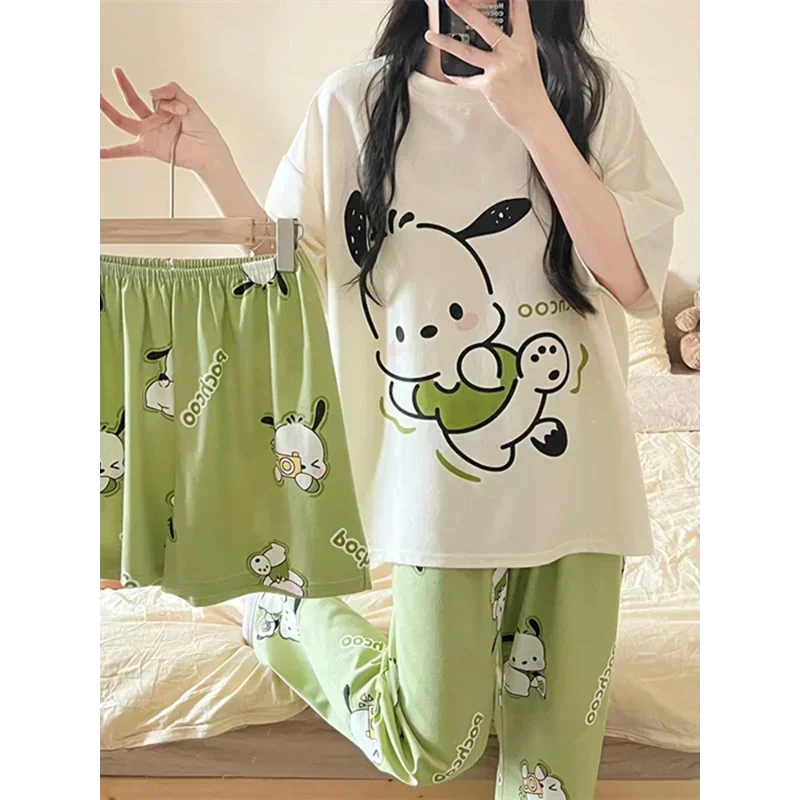 Sanrio Pacha Dog Autumn Cotton New Short Sleeve Trousers Three-piece Women\'s Pajamas Silk Pajamas Women\'s Loungewear Set