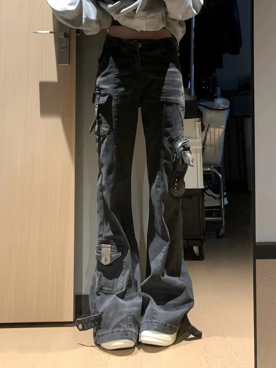 Dames Flare Cargo Jeans Harajuku Japanse laagbouw denim broek Abi Y2k Bell Bottom Amerikaanse Retro High Street Dark Academia