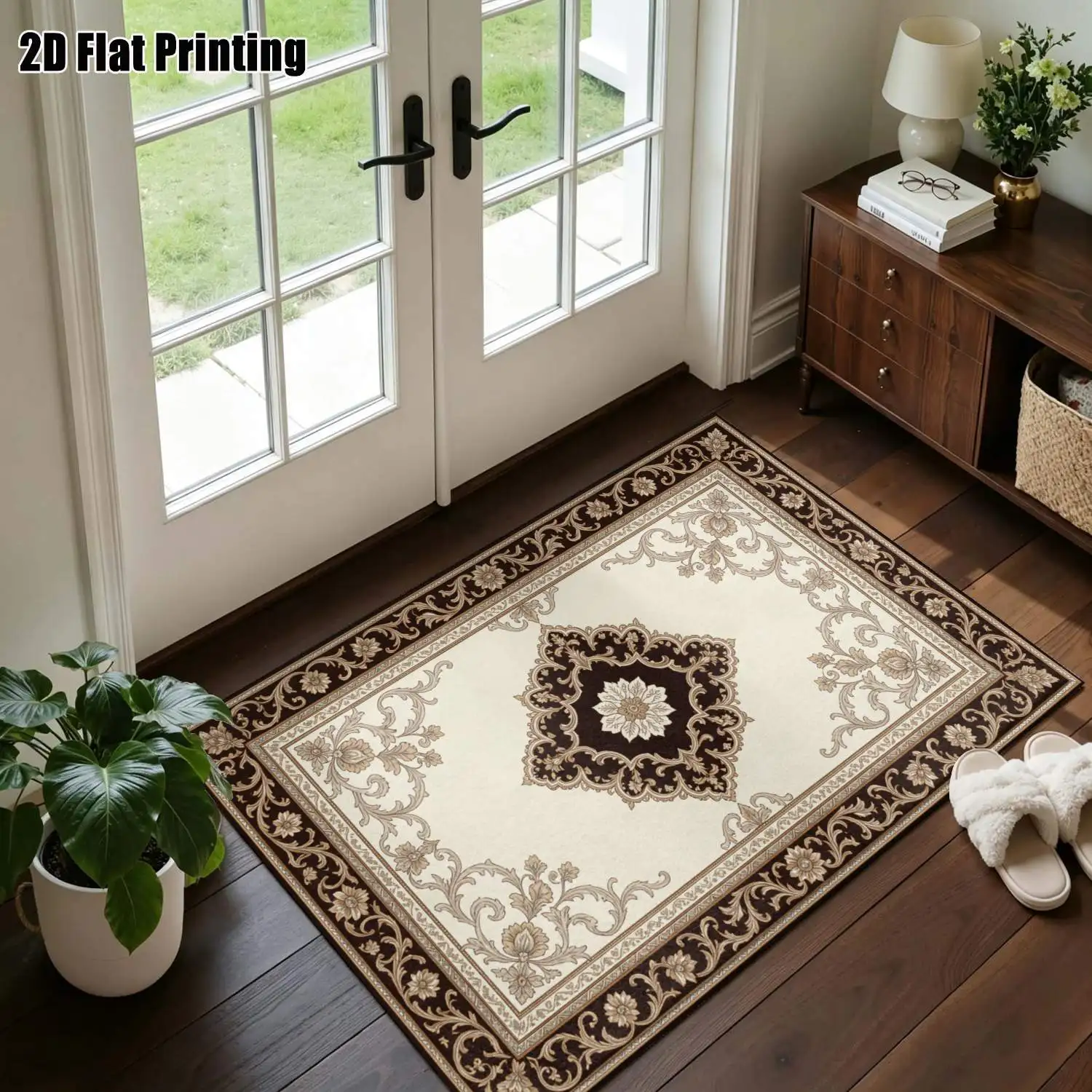 1Pc 2D Printed Brown White European Scroll Flower Retro Carpet, Machine Washable, Multi-Size, Ideal for Home Decor & Various Spaces