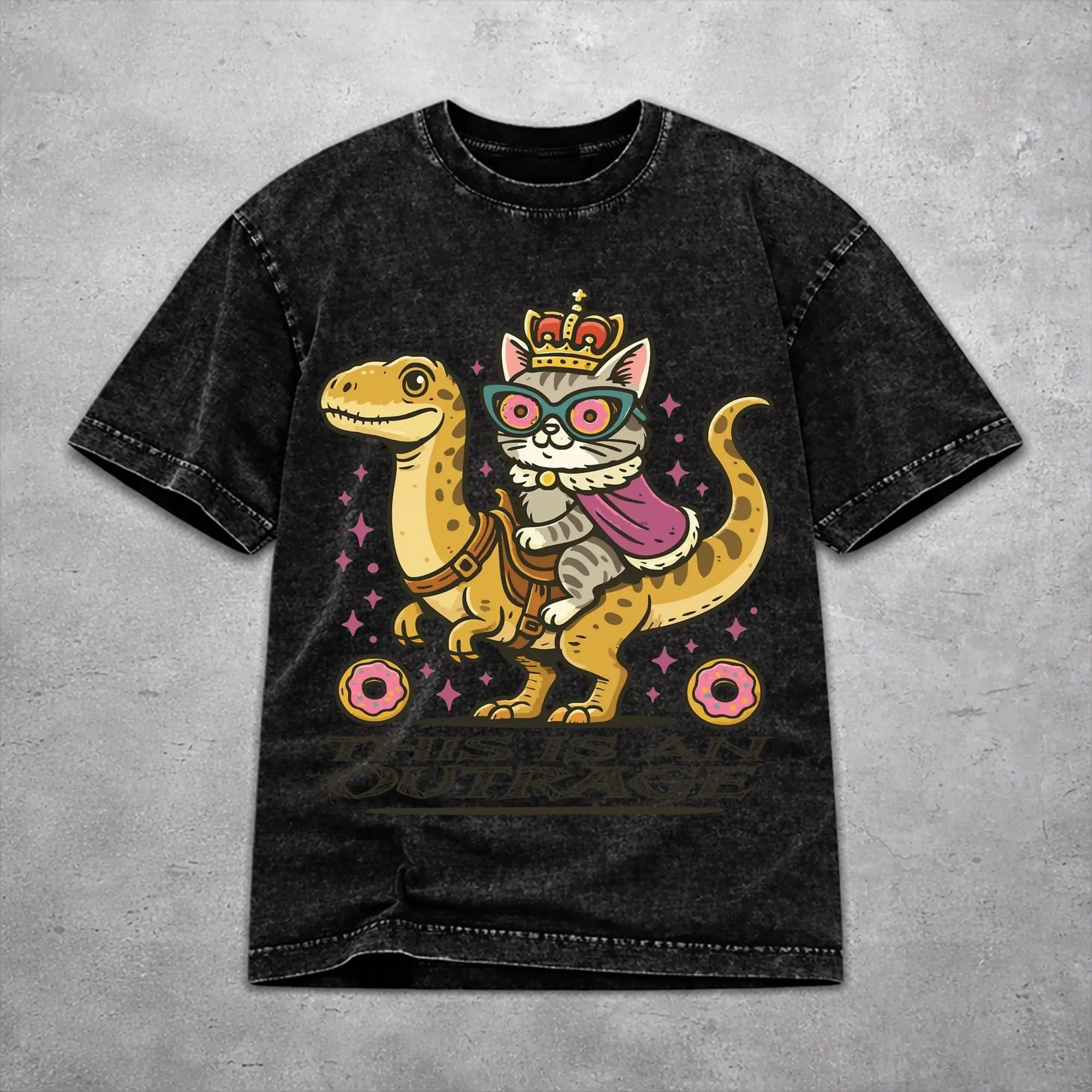 Oversize This Is An Outrage Princess Donut Cat  Apparel T-Shirts for Men Women  Washed Style Tee Shirt Clothing