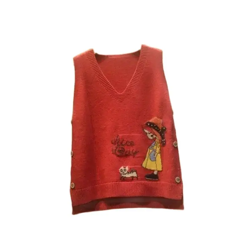 

2023 Spring Autumn Period New Korean Version Of Joker V-Neck Cartoon Sweater Vest Female Loose Button Sleeveless Sweater Vest