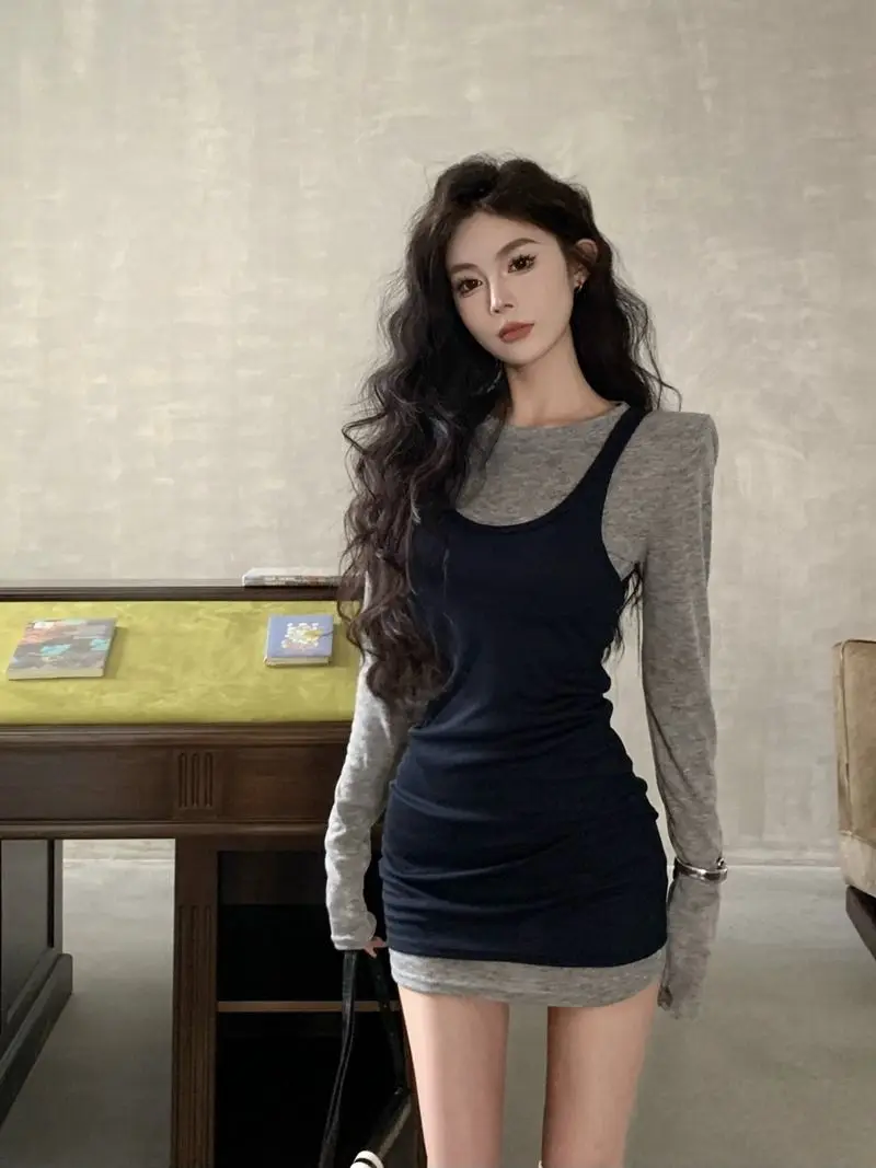 Spring Summer Women's Long Sleeve T-Shirt Casual Mid-Length Breathable Pure Color Sexy Shoulder Pad Top Fashion Set