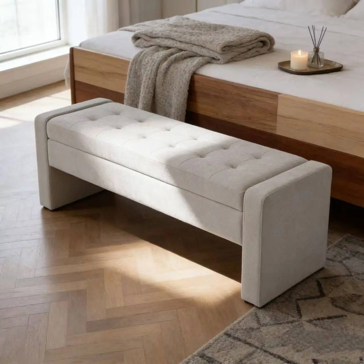 Modern Upholstered Storage Bench Tufted Seat Fabric Ottoman For Hotel Entryway Living Room Foldable Durable Soft Bench Decor