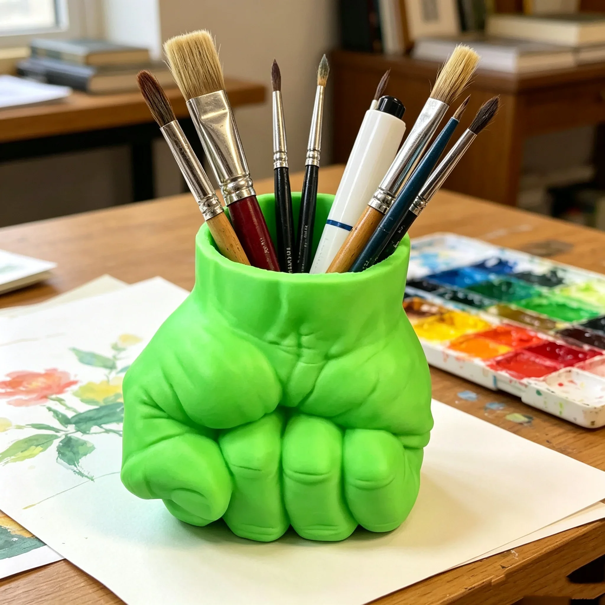 Single Pack Unique Muscle Hand Pen Holder Creative Green Fist Shape Stationery Storage Jar Cute Desktop Decor Gift For Office Student Back To School