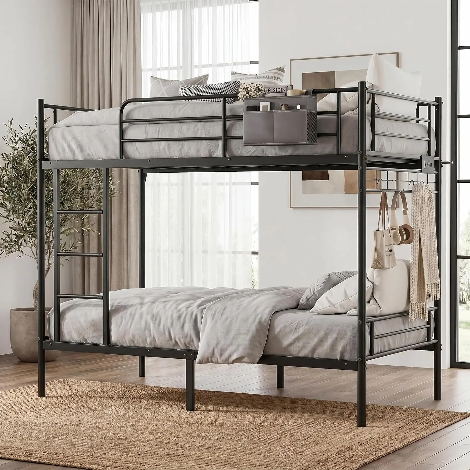 Heavy-Duty Twin Over Twin Metal Bunk Bed with Power Outlet, LED Lights, Guard Rails & Ladder, Customized - view 4