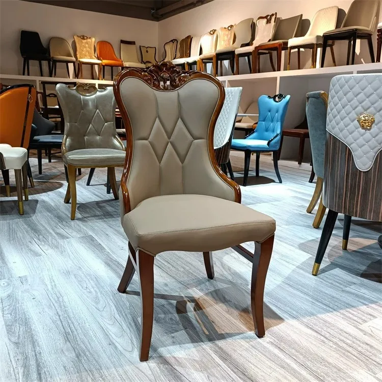 DSA Household Carved Solid Wood Dining Chair Western Restaurant Grey Leather Backrest Leisure Chair Hotel Box Private Room Chair