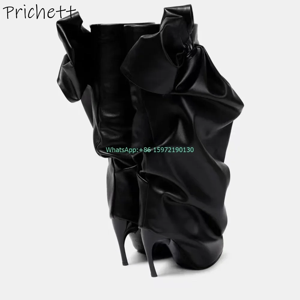 Black Pleated Butterfly Knot Boots Pointy Toe Strange Style Heels Solid Runway Boots Hotties Sexy Niche Design Stiletto Shoes