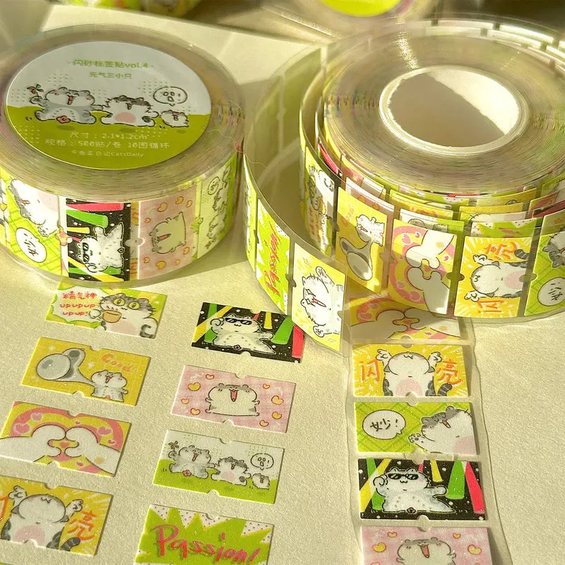 Xiangcai Diary Original Glitter Label Stickers Three Cat Pattern Repeating Loop For Journal Diy Scrapbook Decoration