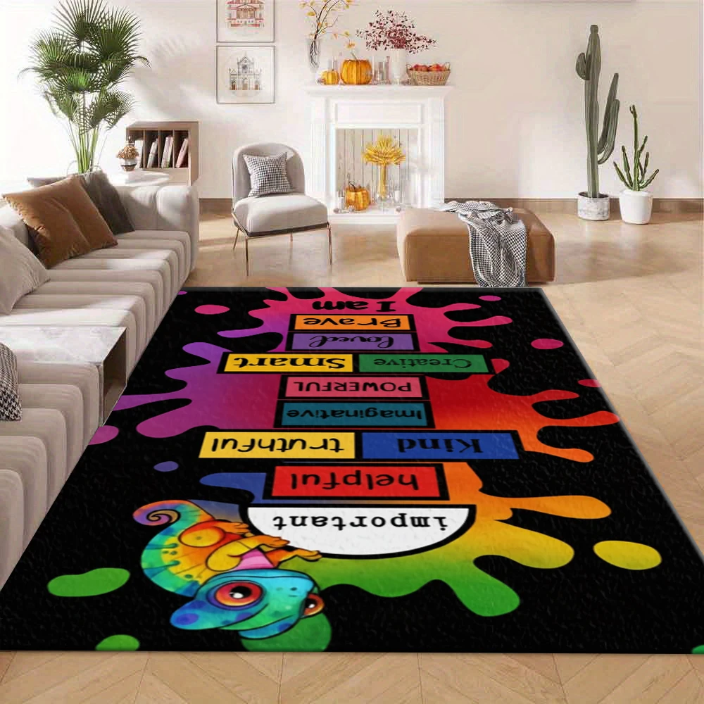 Colorful Positive Quote Chameleon Area Rug Kids Inspirational Art Floor Carpet for Playroom Bedroom Home Decoration