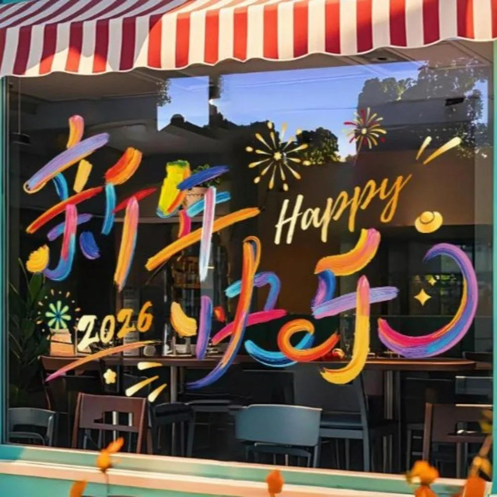 هدايا سنة الحصان 2026 ملصقات نافذة السنة الجديدة حجم كبير زجاج ملون فيلم إلكتروستاتيكي شفاف مقاوم للماء