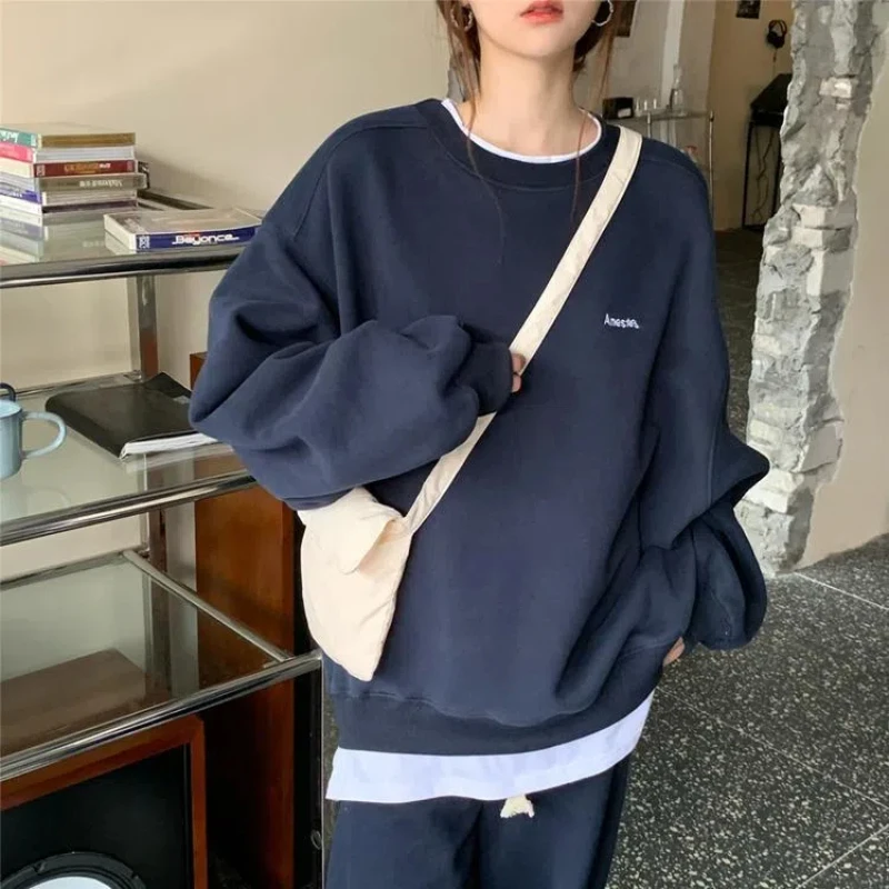 Simplicity Contrast Patchwork Loose Trend Pullovers Top Spring Autumn Fake Two Pieces Casual Sweatshirts Fashion Women Clothing