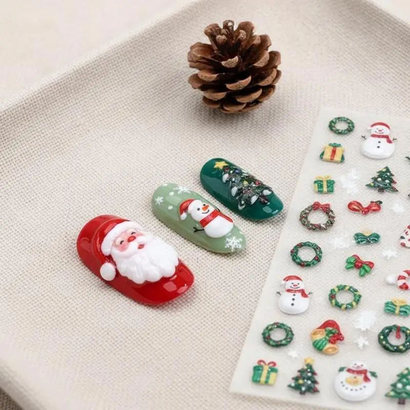 Cute 5D  Festive Christmas Nail Art Stickers Set Self-Adhesive,Disposable Decals Reindeer Xmas Tree Designs Cute