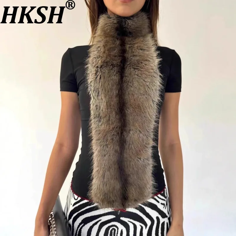 HKSH 2025 Autumn Winter New Women's T-shirt Short Sleeve Mesh Patchwork Faux Fur Niche Design Y2K Sexy Ins Chic Jumpsuit HK13759