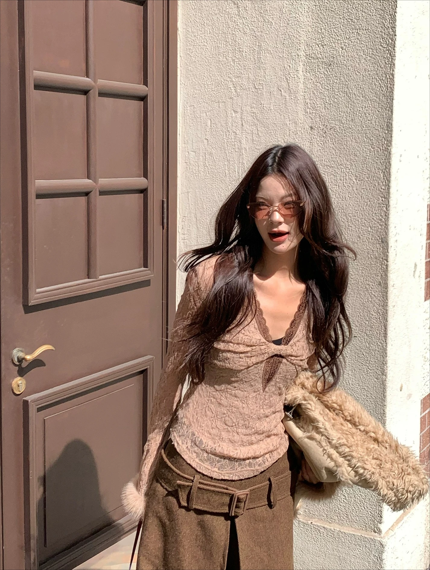【MAR】Women Vintage Maillard V-Neck Twist Knit Top Lace Slim Base Layer