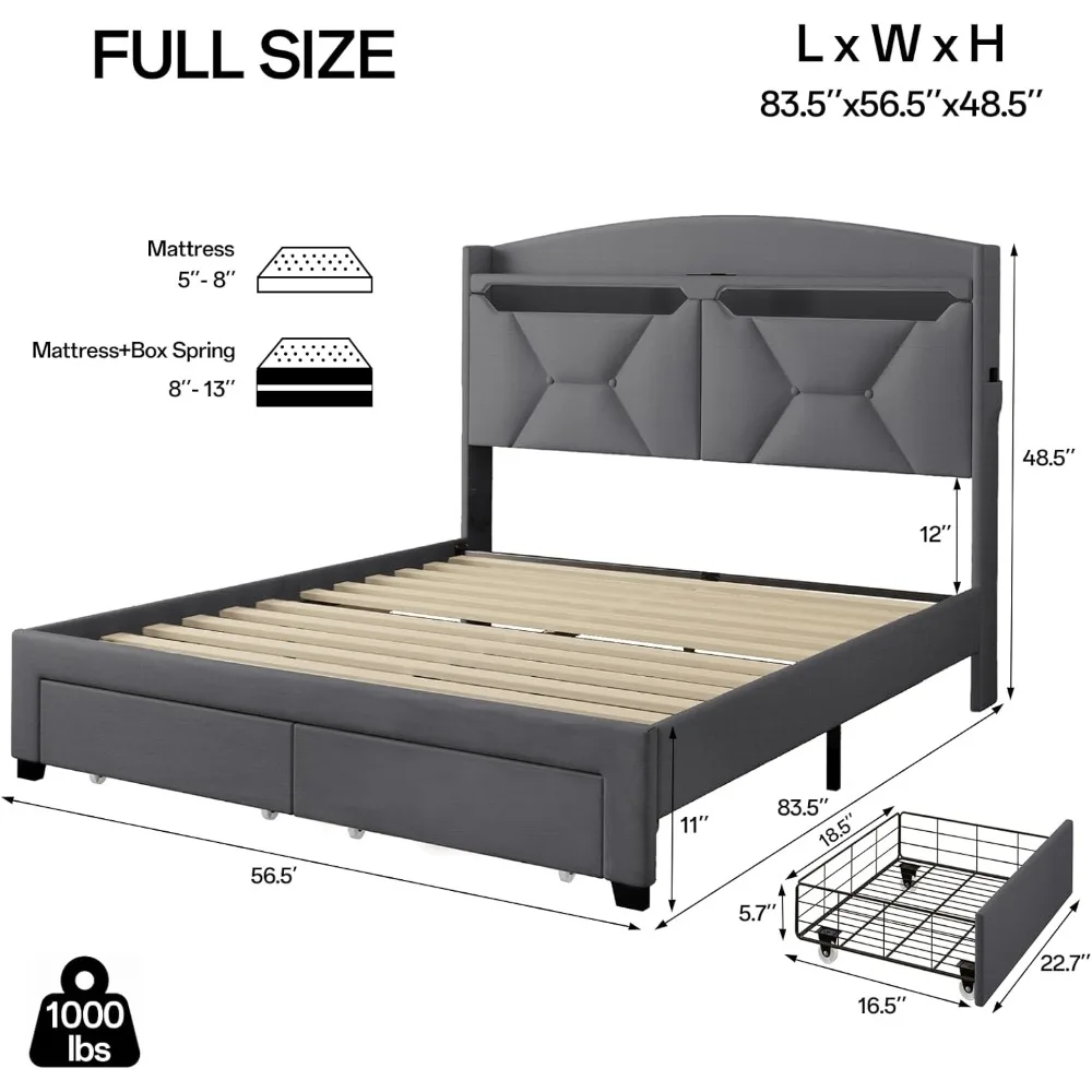 

Modern Full Size Bed Frame, Full Bed Frame with Storage Drawers, Upholstered Bed Fulls Size with Charging Station and LED Lights