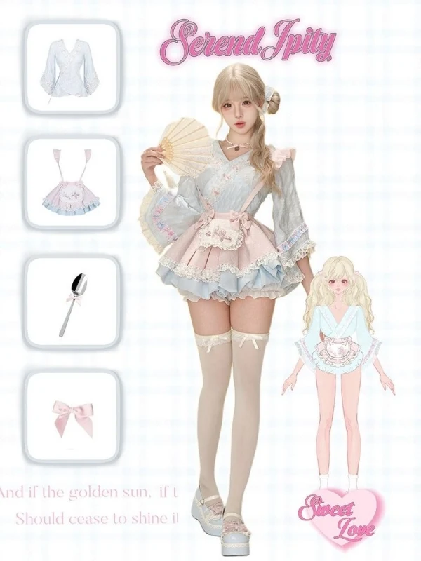 Dophee สไตล์ญี่ปุ่นสาวหวาน Lolita ชุดลูกไม้พิมพ์ V คอเสื้อ + น่ารักโบว์ Suspender กระโปรงผู้หญิงชุด