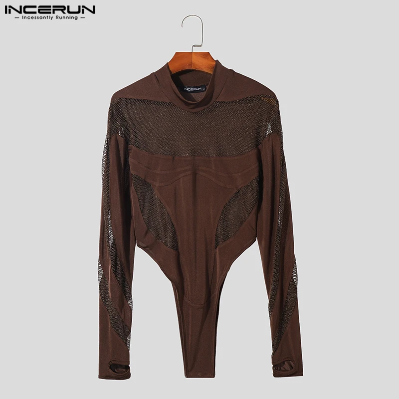 Men Bodysuits Mesh Patchwork Transparent Turtleneck Streetwear Long Sleeve Rompers Men 2023 Sexy Fashion Bodysuit S-3XL INCERUN