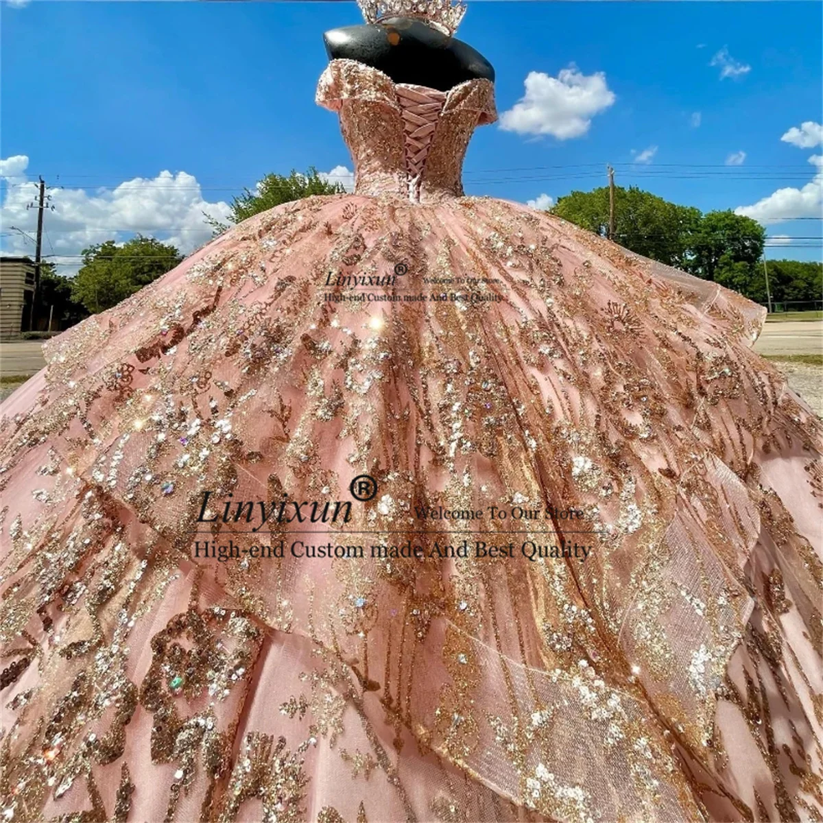 Pink Princess Quinceanera Dresses Off the Shoulder Ball Gown Glitter Gold Appliques Lace Sequins Sweet 16 Vestidos De XV 15 Años