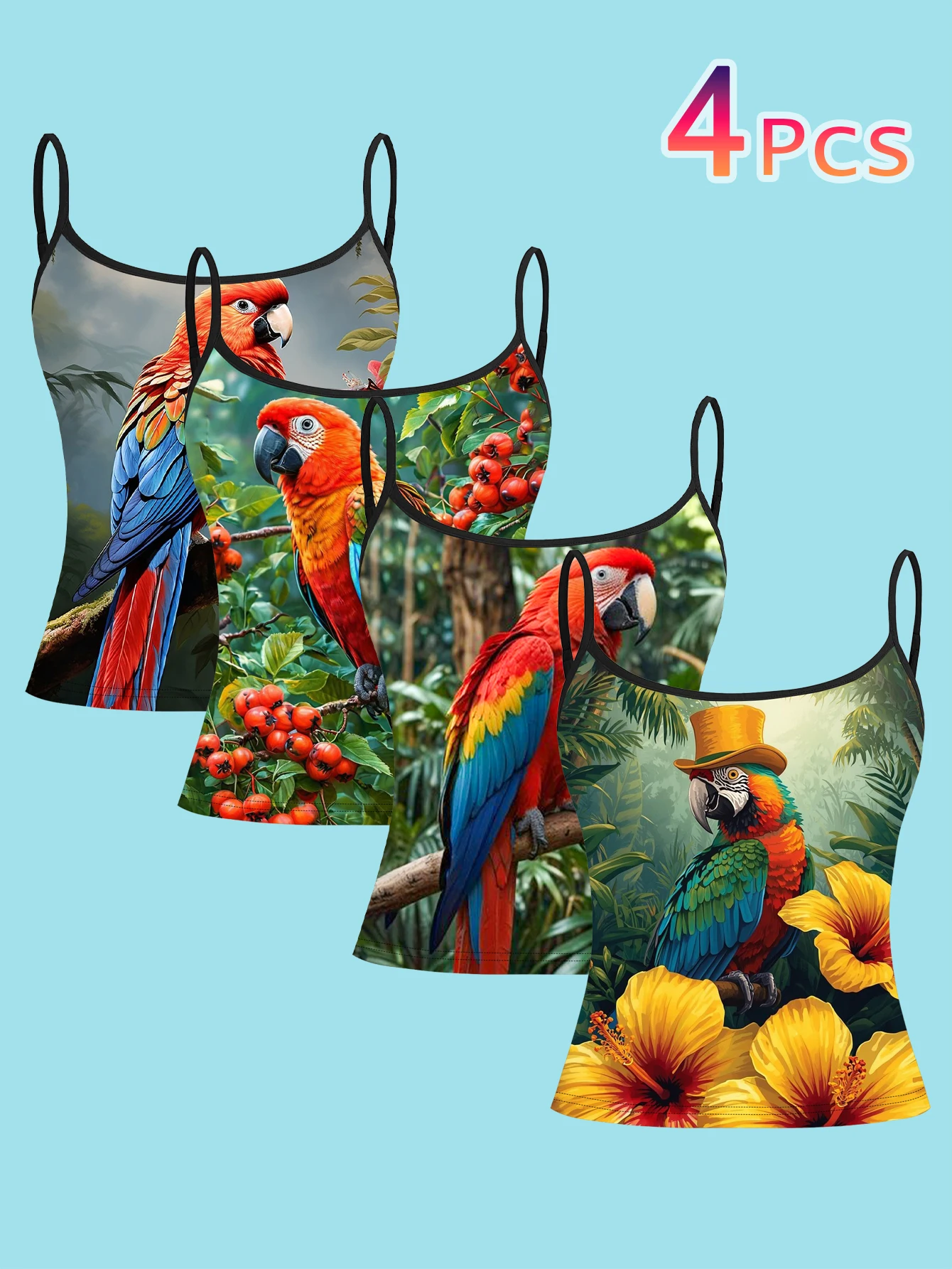 4-Piece Vintage Oil Painting Macaw Print Camisole Set with Rainforest Floral and Fruit Design, Women's Spaghetti Strap Inner Wear Base Shirt