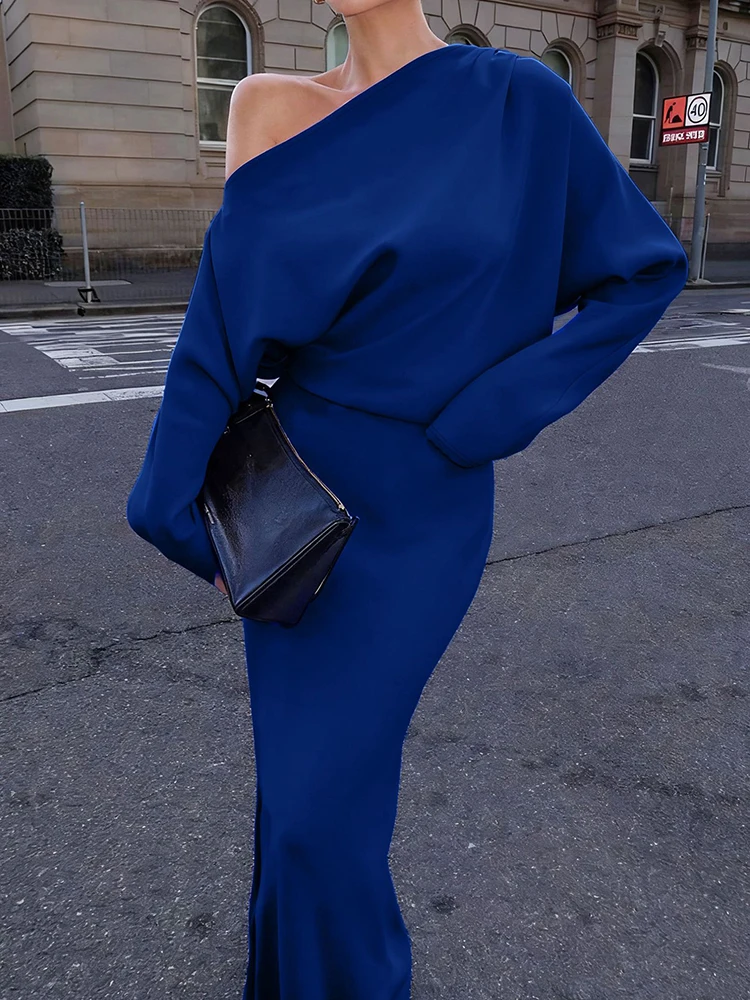 فستان سهرة أزرق بياقة مائلة على الطراز الفرنسي، فستان خريف وشتاء بتصميم ملفوف على طراز الوركين، فستان أنيق طويل الأكمام للسيدات في الشارع #1