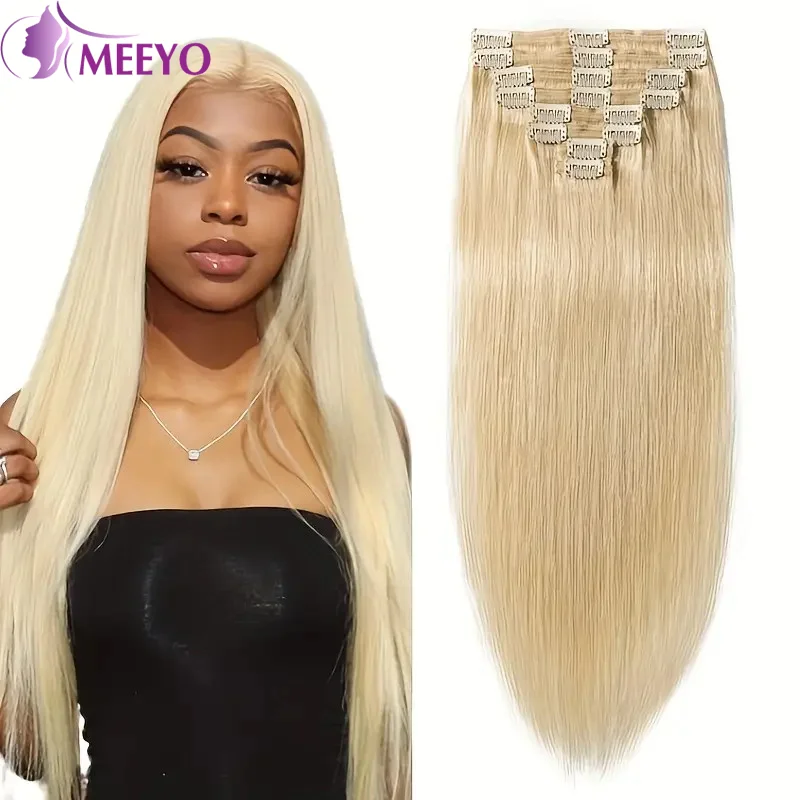 

Blonde #613 Clip In Hair Extensions Full Head Straight Brazilian Real Human Hair Hairpiece Double Weft 8Pcs Per Set With 18Clips