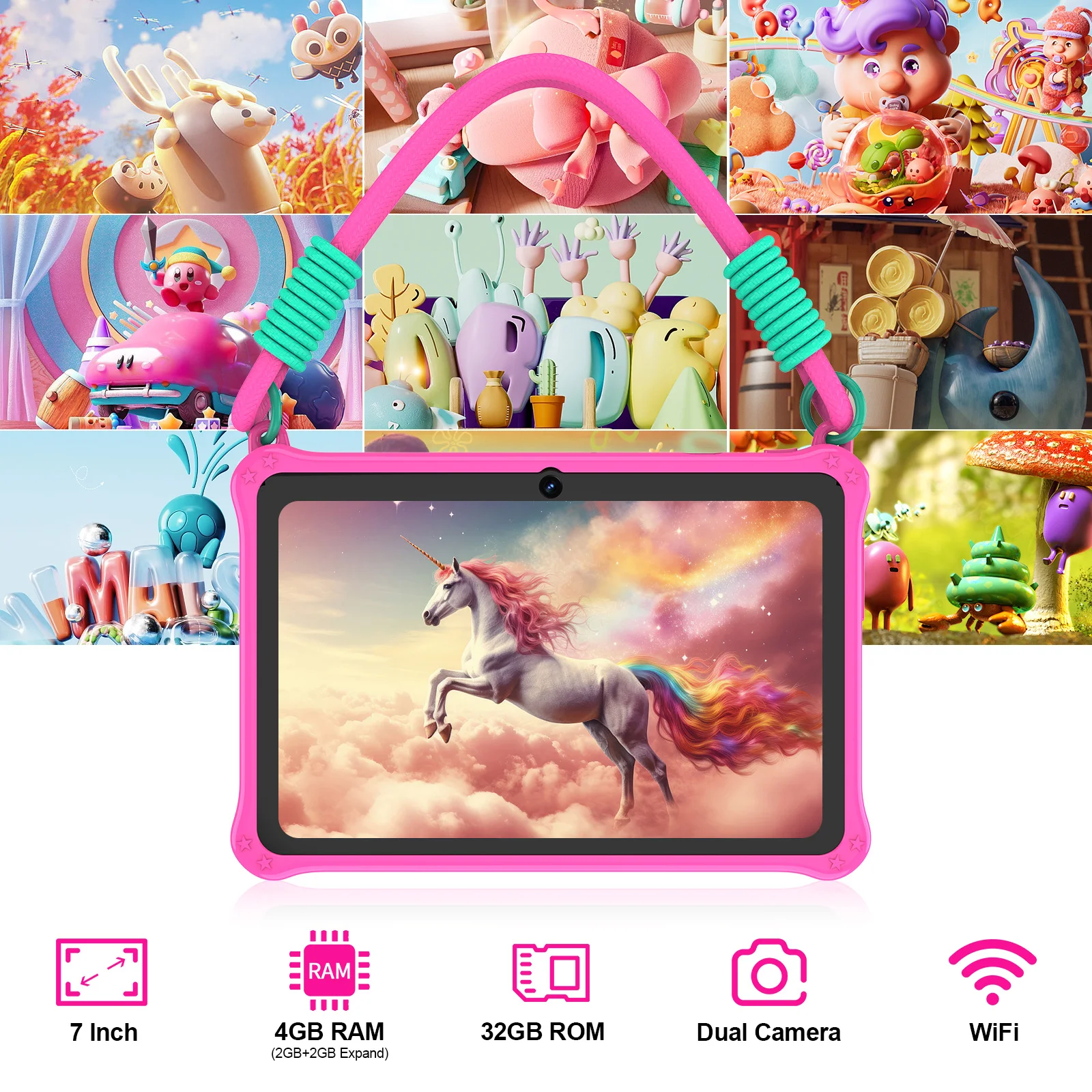 تابلت PRITOM Kids 7 بوصة Android 13 4GB (2+2 قابل للتوسيع) RAM 32GB ROM WiFi Bluetooth برنامج التعلم المثبت مع الحبل