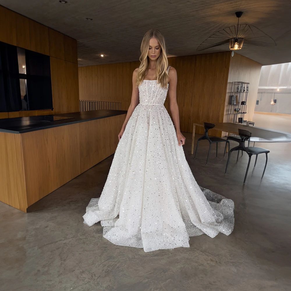 Elegante vestido de novia plisado con lentejuelas para mujer, brillante con cuello cuadrado vestido de novia, corte de línea A, Espalda descubierta, vestido de fiesta de boda