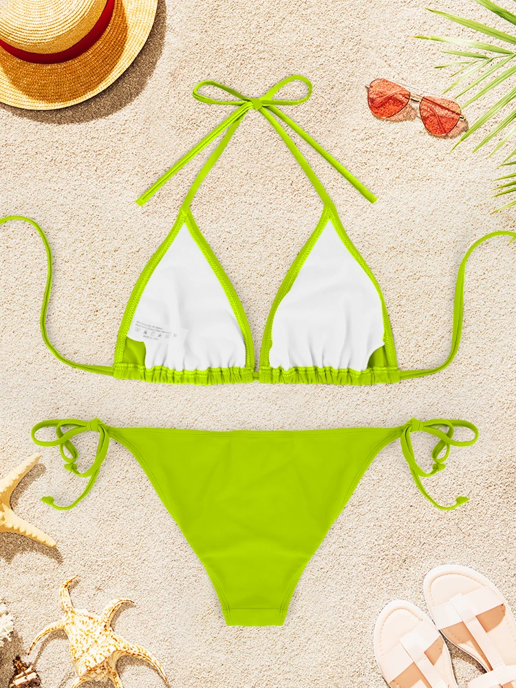 2Pcs Swimwear Sexy Backless Bikini Suit Women's Pure Color V-neck Suspender Bathing Suit 2025 Trendy New Summer Beachwear