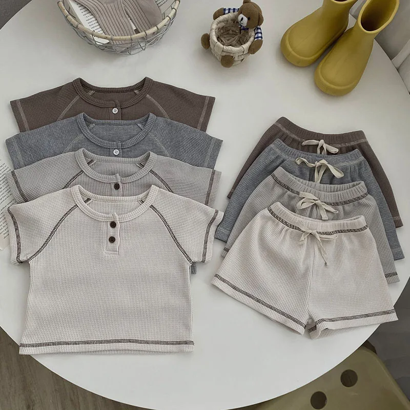 

2025 New Summer Newborn Baby Boys Girls Clothing Set Short Sleeved Waffle Cotton T-shirt+Shorts 0-3Yrs Children Clothes Suit