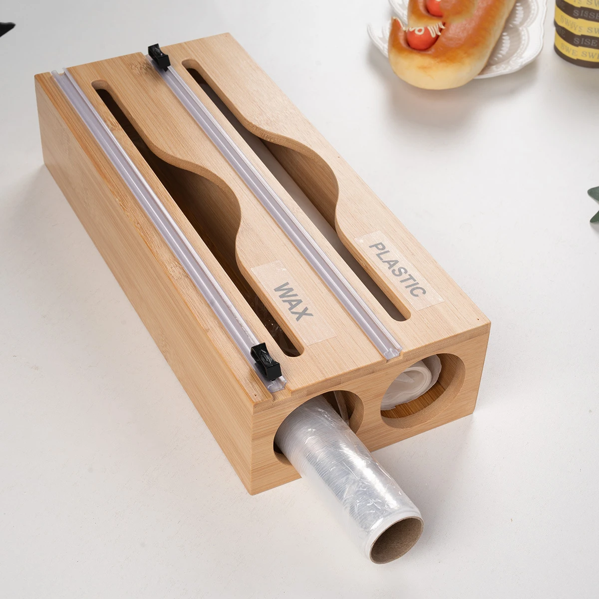 CANBOUNBamboo Compartment Cling Film Tin Foil Cutter Box With Kitchen Paper Wall Mounted Paper Towel Kitchen Organizer Accessori