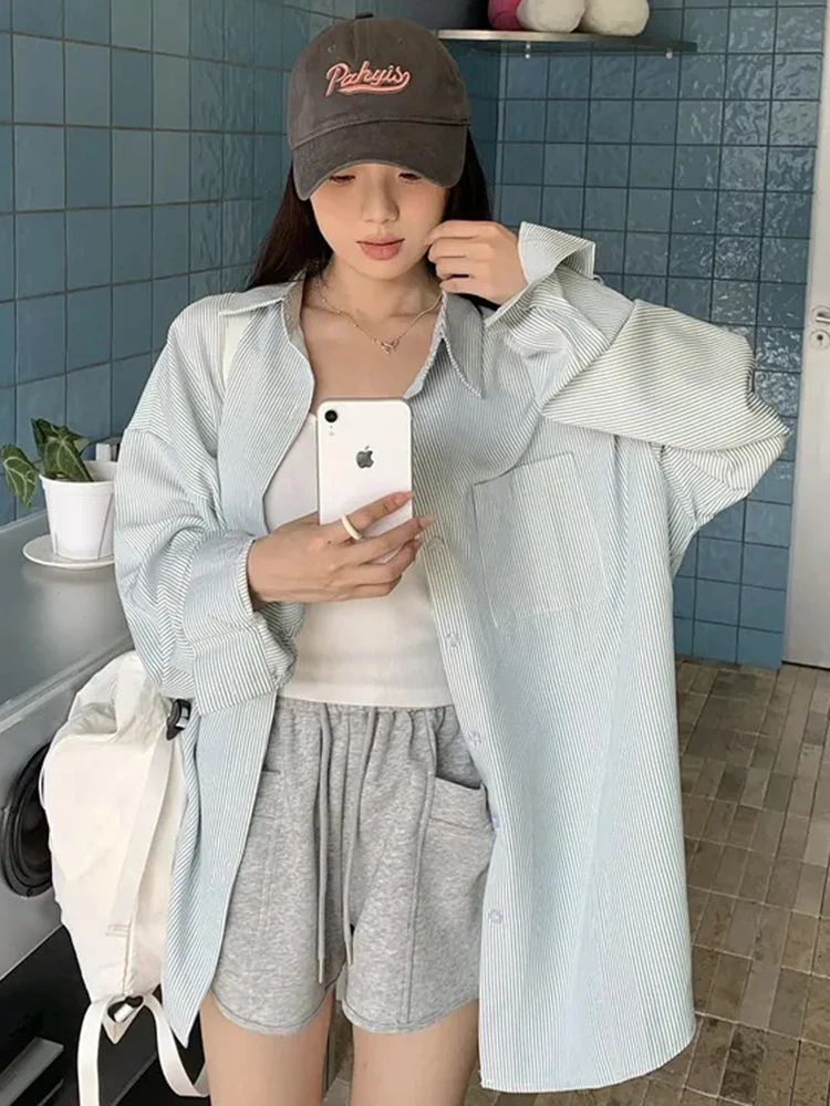 الكورية الأصفر مخطط قميص المرأة كسول الرياح فضفاضة نمط Preppy بلوزة خمر كم طويل عادية أنثى الحلو القمم جديد #4