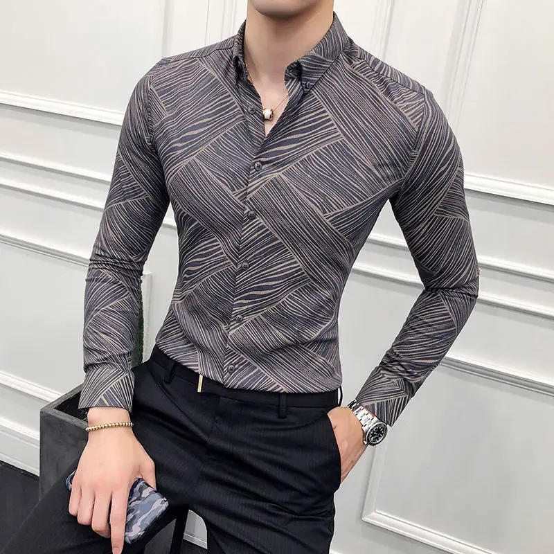 Fashion Spring Men Clothing Shirts New Lapel Printing Streetwear England Smart Office Social Long Sleeve Slim Tops JJ251