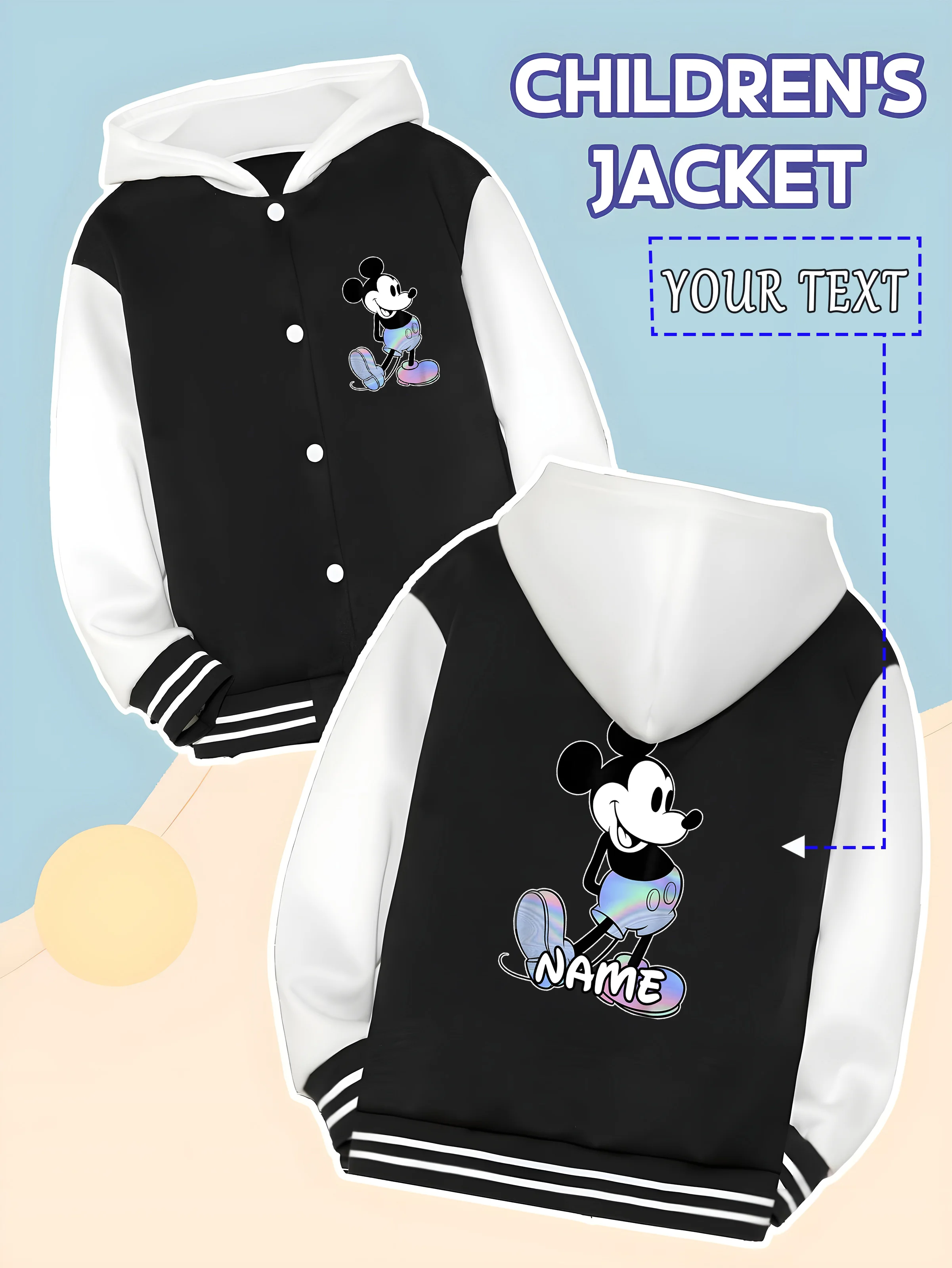 

MINISO Disney Boys Baseball Jacket - Mickey Mouse's colorful skateboard design is trendy and dynamic, perfect for street play or
