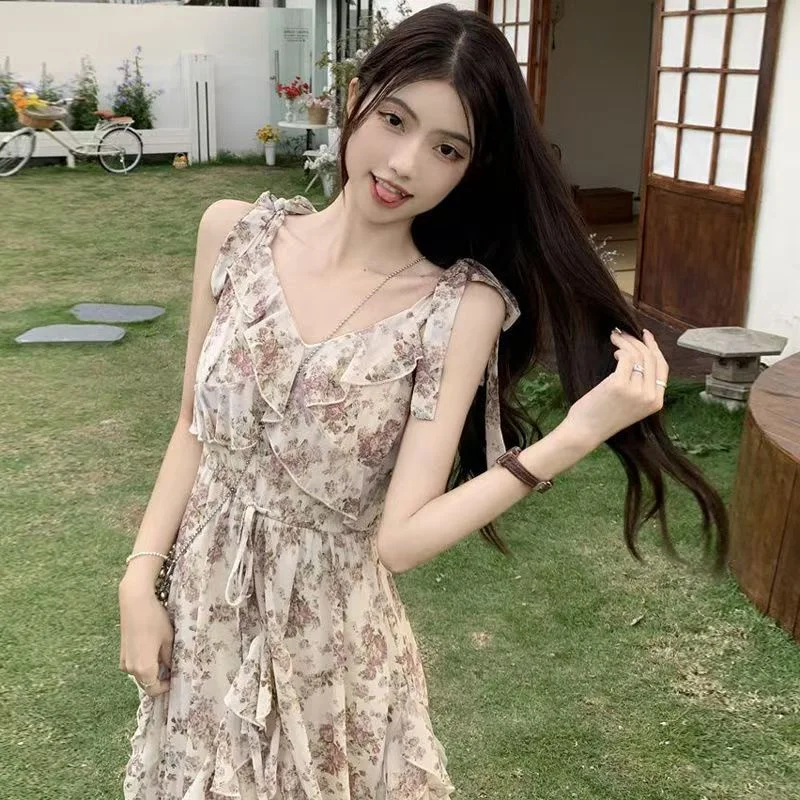 섹시한 꽃 맥시 드레스 여성 여름 쉬폰 카디건 탑 민소매 드레스 프랑스 스타일 프릴 여성 Boho Beach Party Vacation