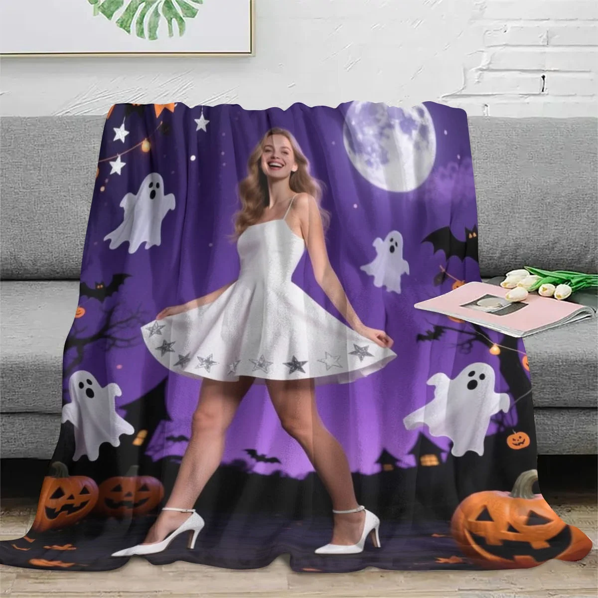 Custom Photo Fleece Blanket - DIY Halloween Prints |   Jack-O'-Lanterns/Pumpkin Light |   Soft Warm |   Sofa/Bed |   Trick-Or-Treat Gift