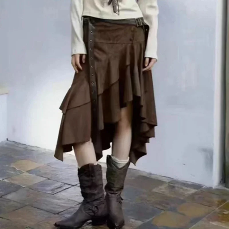 تنورة ميدي غير متناظرة من جلد الغزال على طراز شارع العليا تنورة عالية الخصر بحاشية منتفخة على شكل حرف a تنورة نسائية عصرية متعددة الاستخدامات للتخسيس