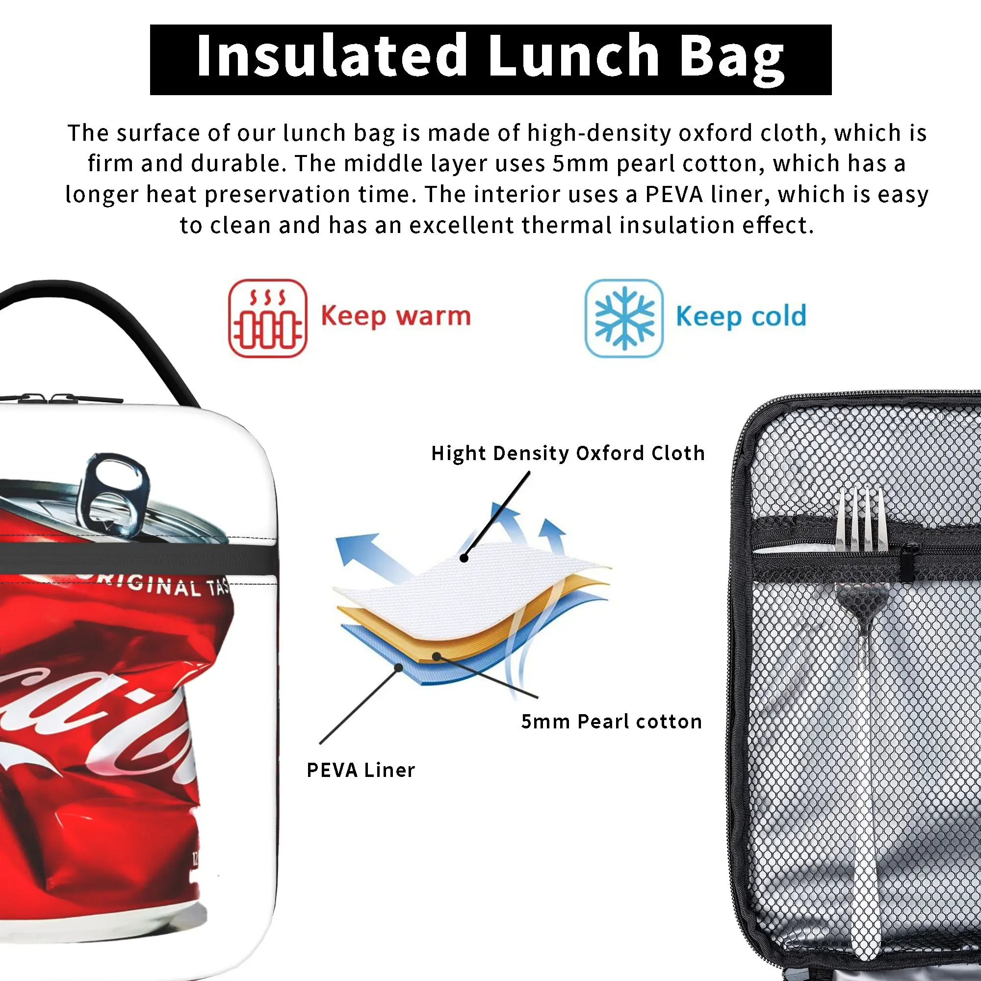Coca Cola Soda Drink Lunch Bag Cute Outdoor Picnic Lunch Box Graphic Design Portable Cooler Bag view 4
