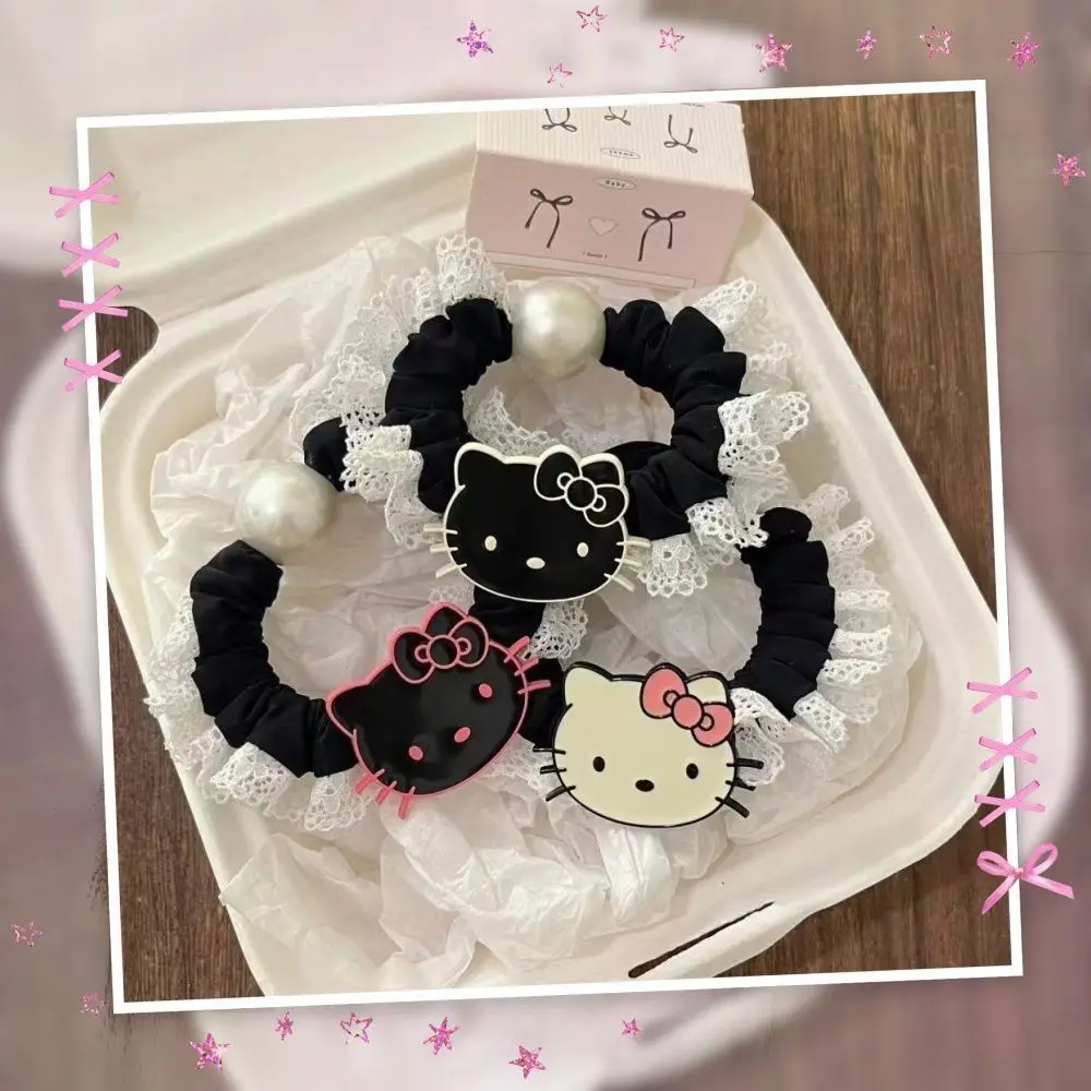 

Kawaii Sanrio Hello Kitty Cartoon Headband Ponytail Girl Pearl Headband Cute Simple Fashionable Rubber Band Headband Girl's Gift