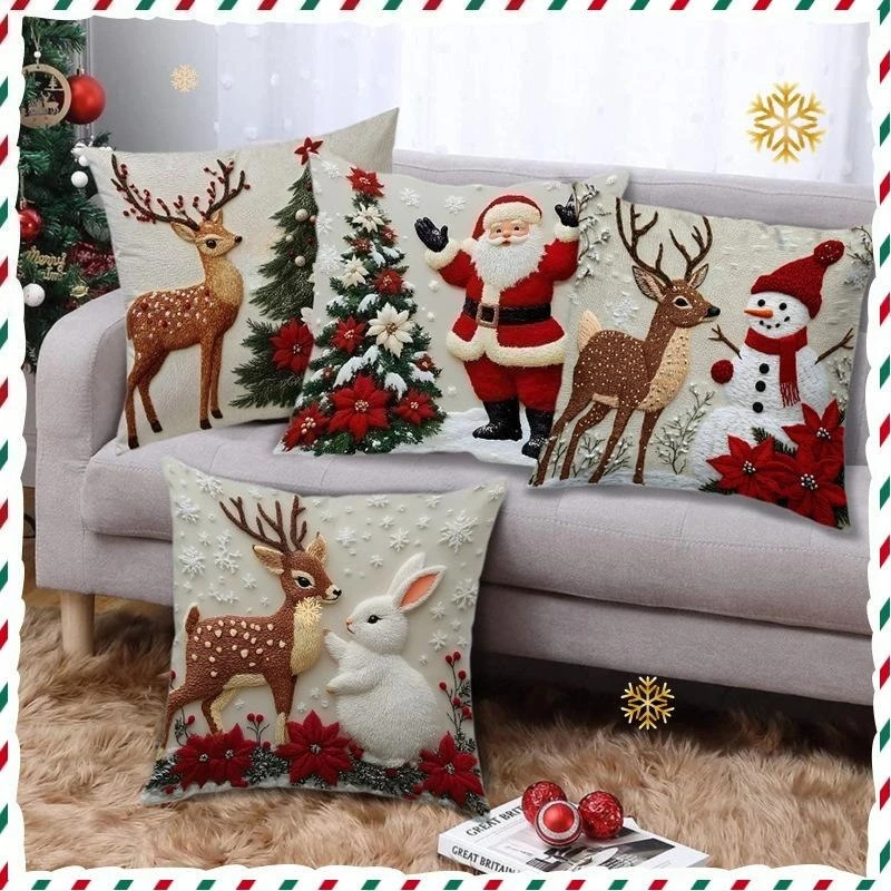 Cartoon Christmas Pillow Cover Elk Santa Claus Snowman Xmas Tree Merry Christmas Decor Gift Happy New Year