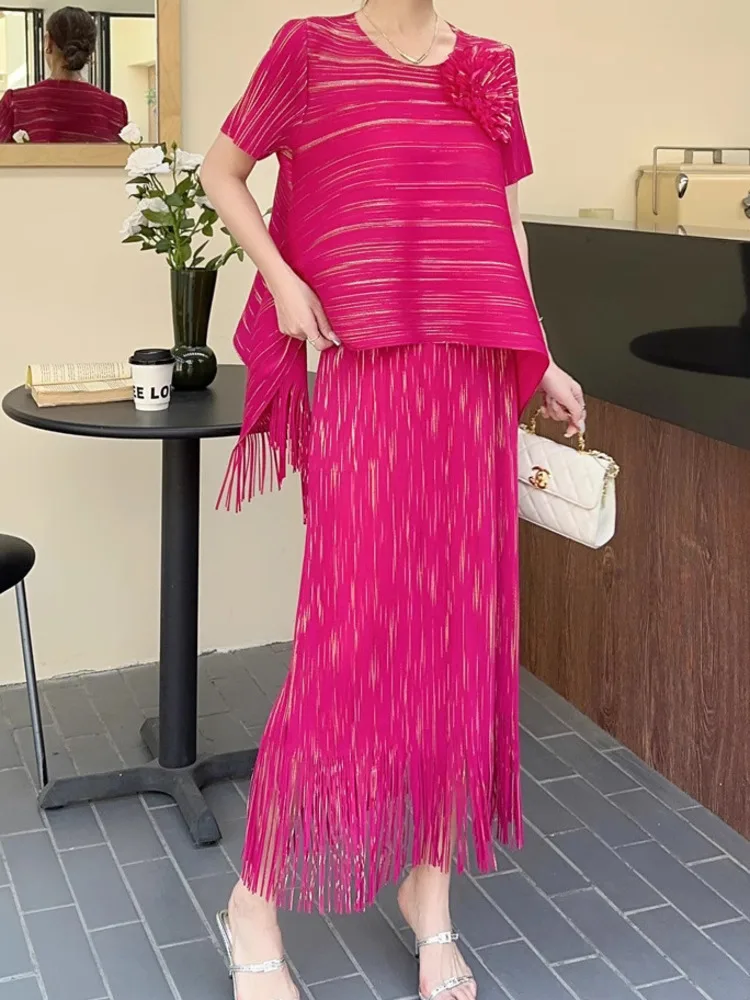 WHTREND-Conjuntos plisados para mujer, camisa holgada Irregular con flores y faldas largas con borlas, ropa de moda femenina, conjunto de 2 piezas