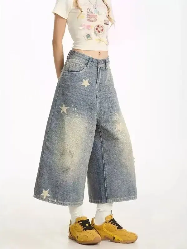 Retro American Star Print Denim Shorts Women's Vintage Large Size Loose Wide Leg Casual Seven-Foot Jeans Natural Waist