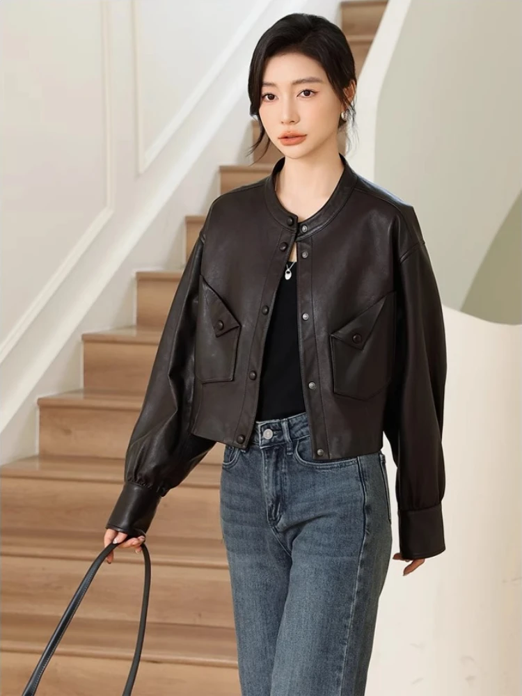 Casual Genuine Leather Cropped Jackets for Women Spring Autumn 2025 High-end Simple Stand Collar Soft Black Real Sheepskin Coat
