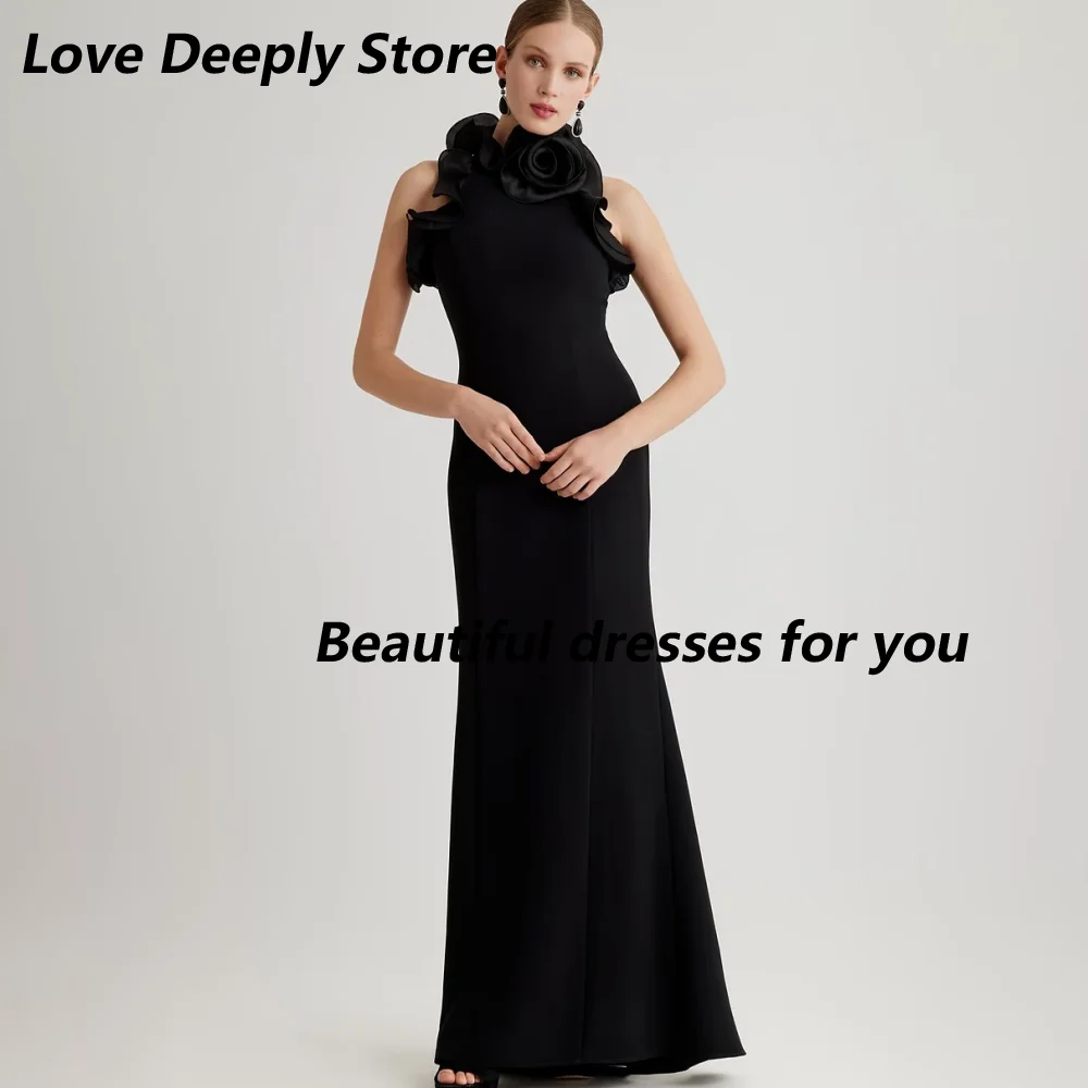 Customized Black Halter Neck Ruffle Mother Of The Bride Gown Matte Fabric 3D Flower Sleeveless Floor Length Mermaid Guest Gown
