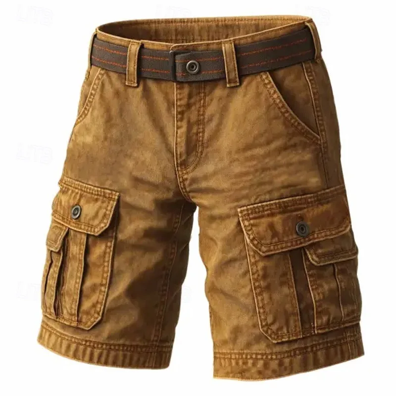 Herren Cargo-Shorts aus reiner Baumwolle, gewaschen, mit mehreren Taschen, sommerlich, lässig, weiche Baumwolle, Alltagsshorts