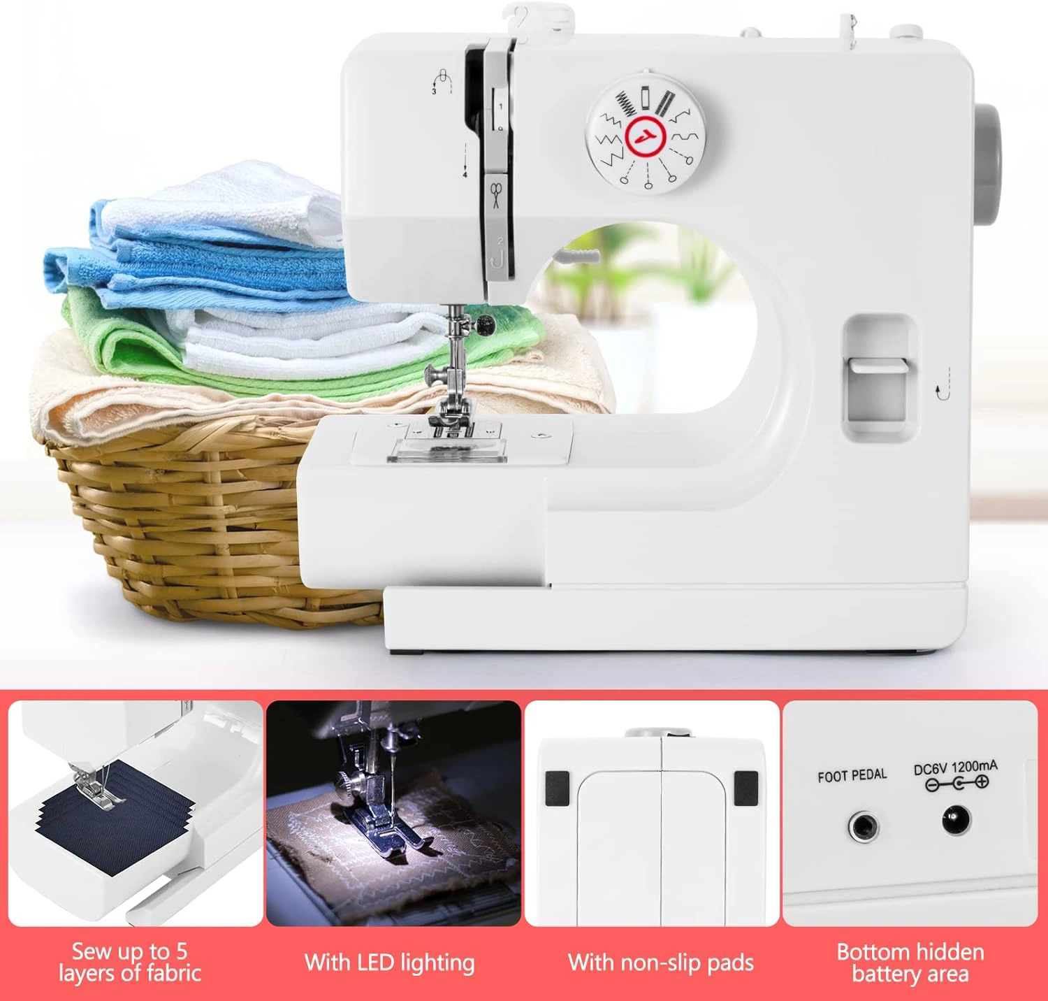 

Mini sewing machine, portable household hand repair sewing machine, with 12 built-in needles and foot pedals, suitable for begin